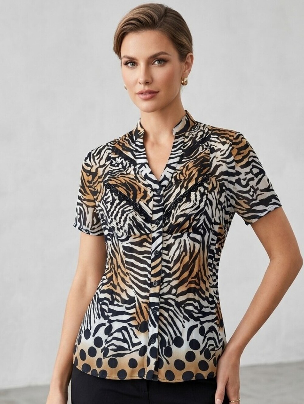 NY COLLECTION Animal Print Button-Up Women's Top Sml/ Med